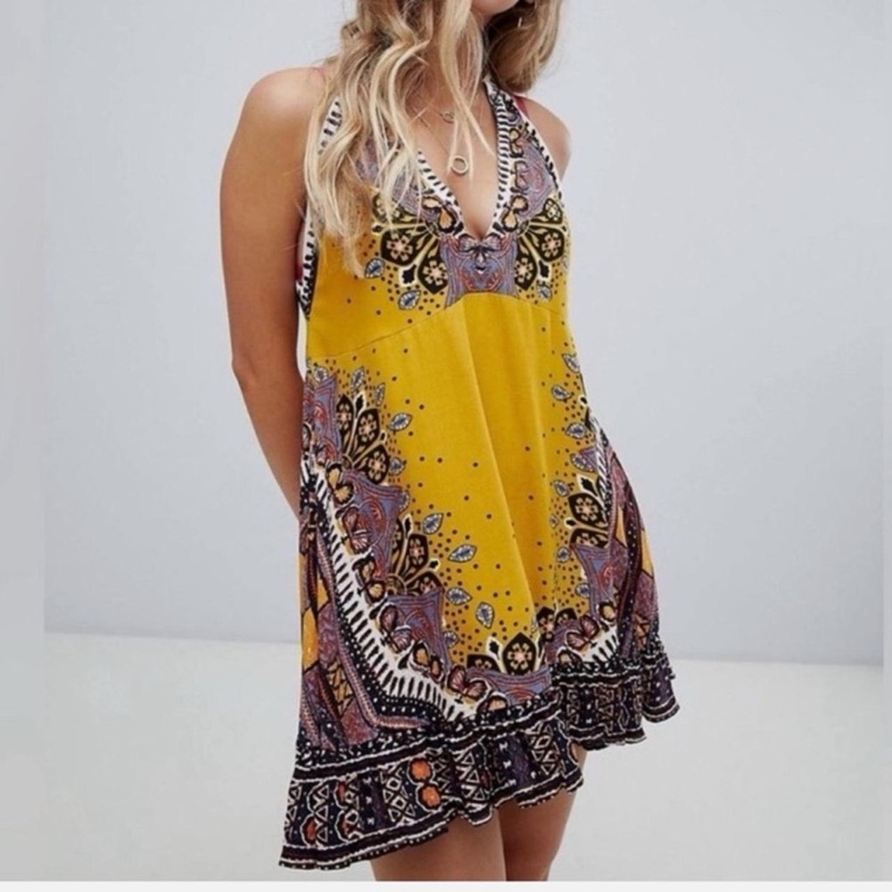 Free People Yellow and Black Boho Mini Sun Dress Tunic